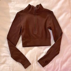 SOLD Halara Brown Long Sleeve Half Zip Workout Crop Top